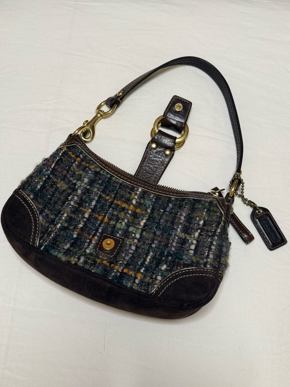 Vintage Coach Tweed Shoulder Bag with Dark Brown Leather Trim - Picture 5 of 8